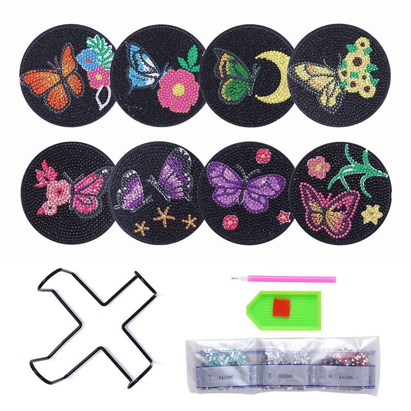 Schmetterling auf Schwarz Diamond Painting Untersetzer 8Pcs