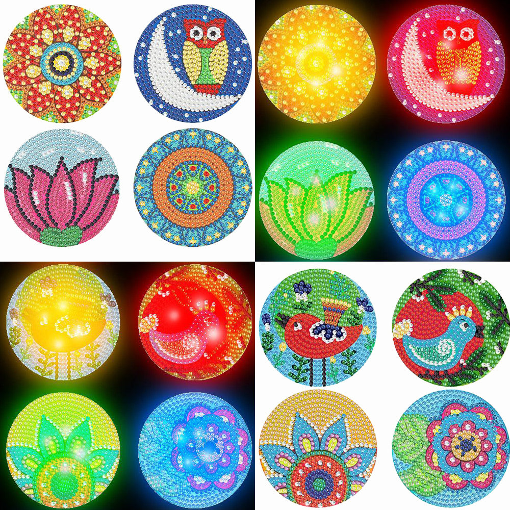 4Stück Vogel und Blume (mit Licht) Diamond Painting Untersetzer