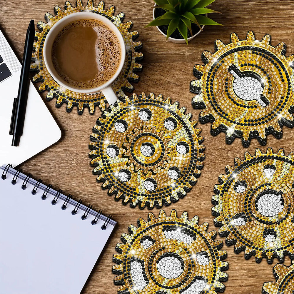 8Stück Schwarz-Goldener Zahnräder Diamond Painting Untersetzer