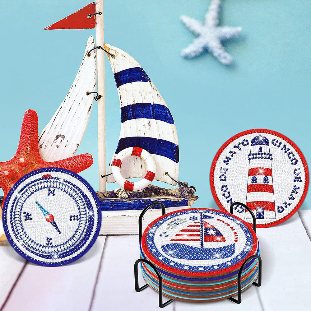 8Stück Segelboot Kompass Muscheln Diamond Painting Untersetzer
