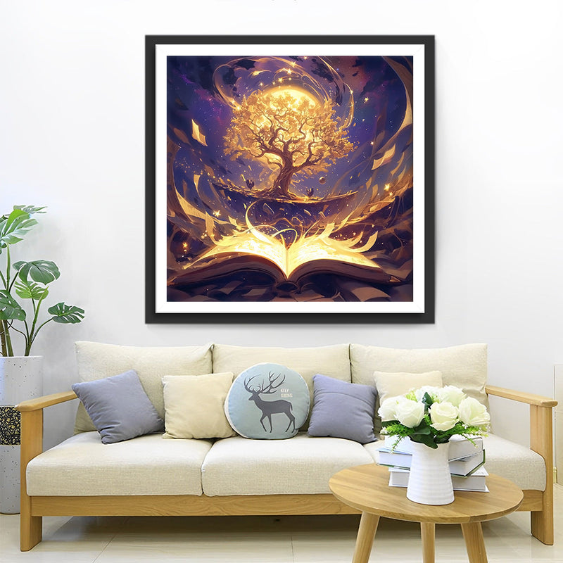 Abstrakter Baum, Mond und Buch Diamond Painting