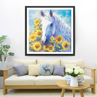 Weißes Pferd und Sonnenblumen Diamond Painting