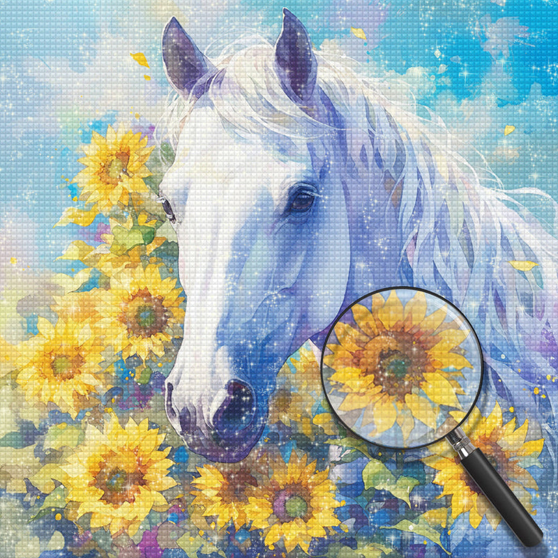 Weißes Pferd und Sonnenblumen Diamond Painting