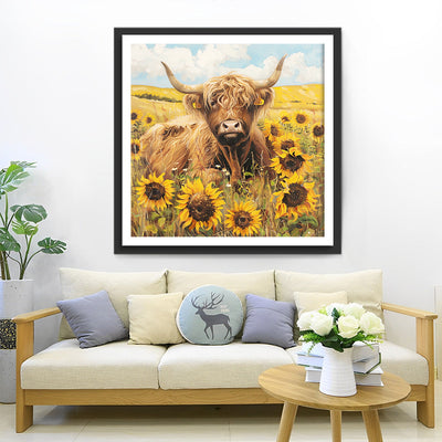 Hochlandkuh und Sonnenblumen Diamond Painting