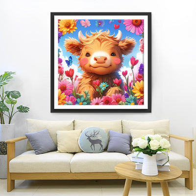 Cartoon Hochlandkuh und Bunte Blumen Diamond Painting