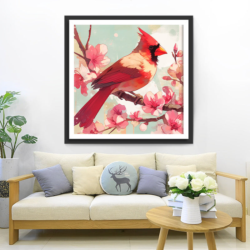 Roter Vogel und Rosa Blumen Diamond Painting