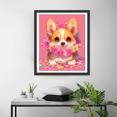 Süßer Corgi mit Blumen auf Rosa Hintergrund Diamond Painting