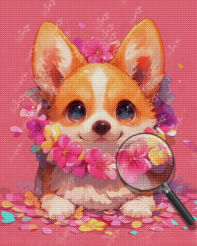 Süßer Corgi mit Blumen auf Rosa Hintergrund Diamond Painting