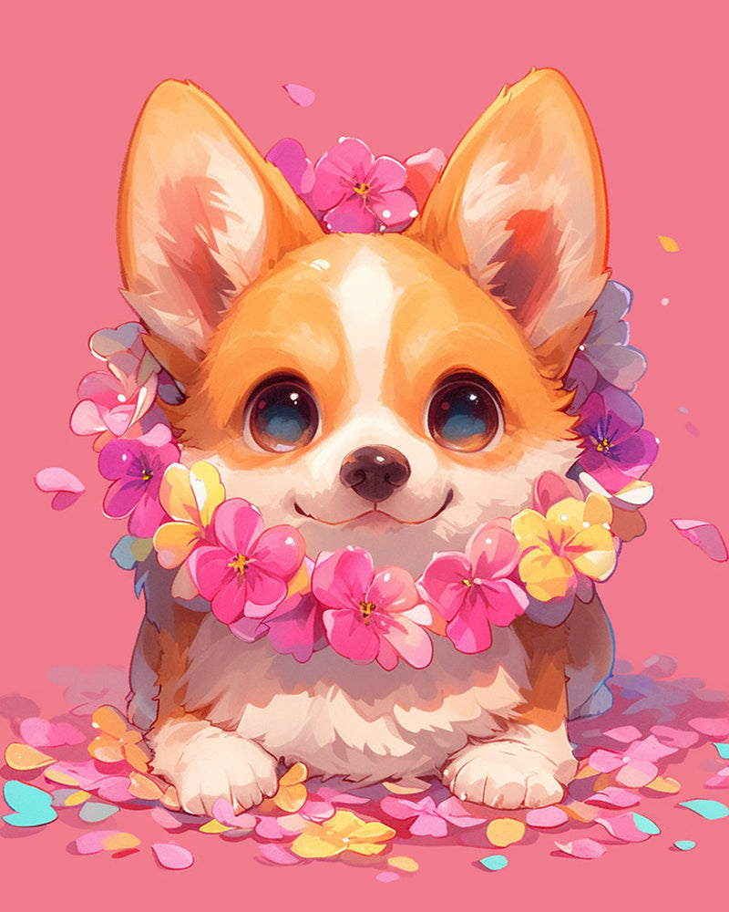 Süßer Corgi mit Blumen auf Rosa Hintergrund Diamond Painting