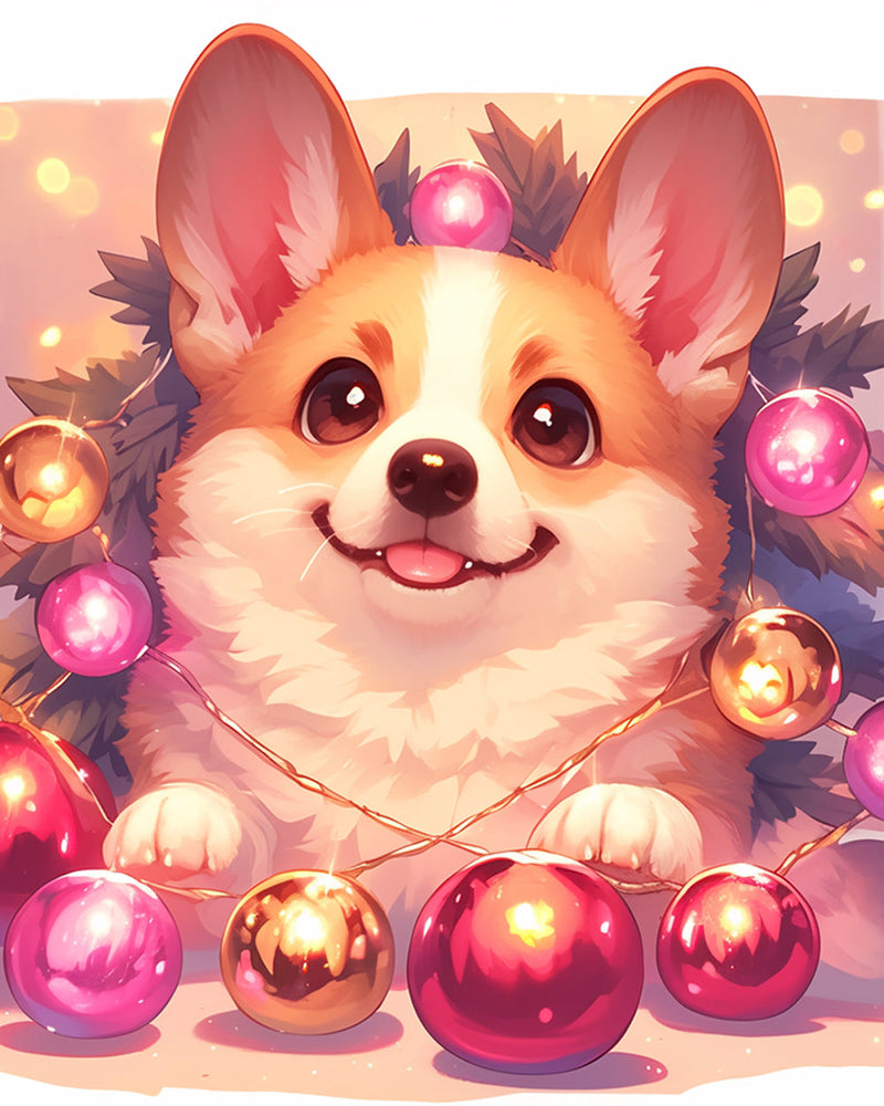 Süßer Corgi mit Weihnachtskugeln Diamond Painting