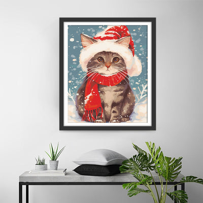 Katze mit Rotem Hut und Schal im Schnee Diamond Painting