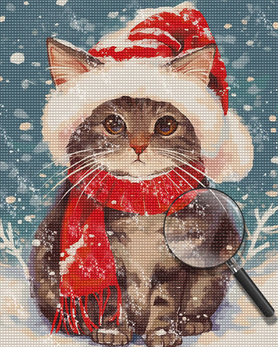 Katze mit Rotem Hut und Schal im Schnee Diamond Painting