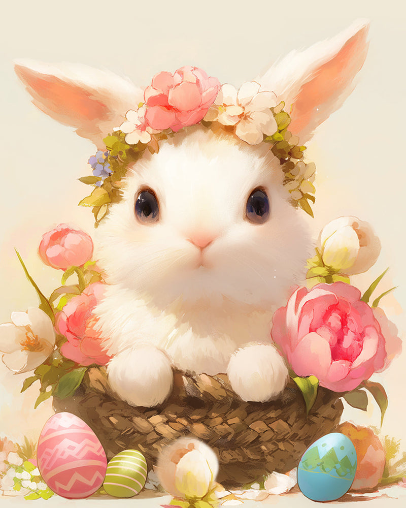 Weißer Hase mit Blumen Diamond Painting