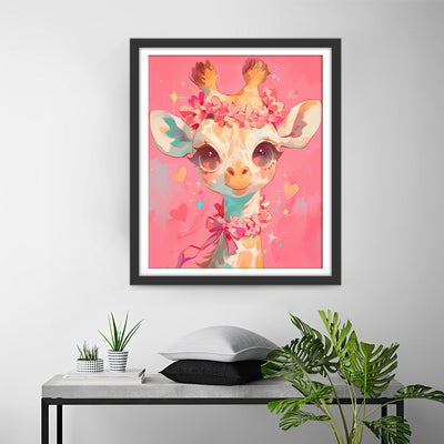 Süße Giraffe mit Rosa Blumen Diamond Painting