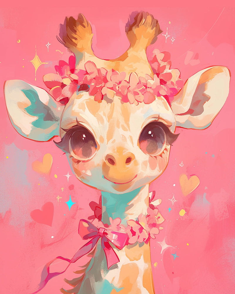 Süße Giraffe mit Rosa Blumen Diamond Painting