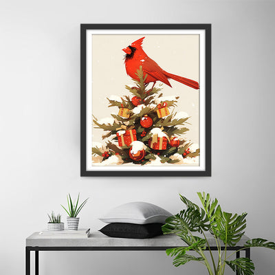 Roter Vogel auf dem Weihnachtsbaum Diamond Painting