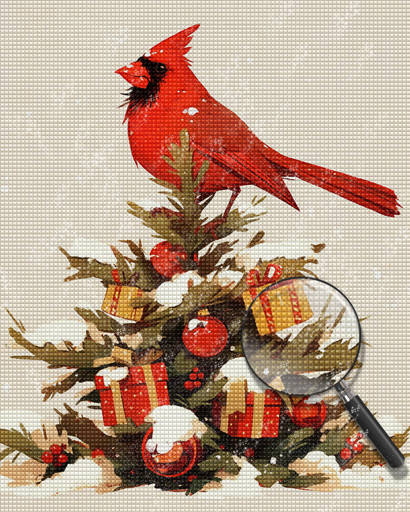 Roter Vogel auf dem Weihnachtsbaum Diamond Painting