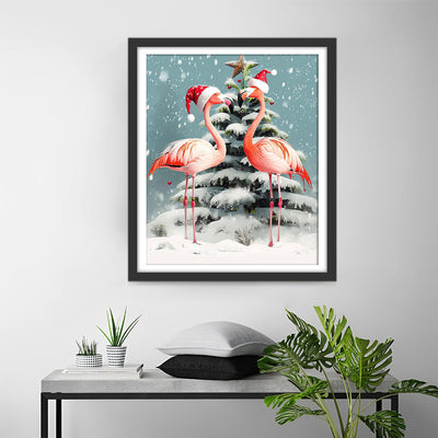 Flamingos und Weihnachtsbaum im Schnee Diamond Painting