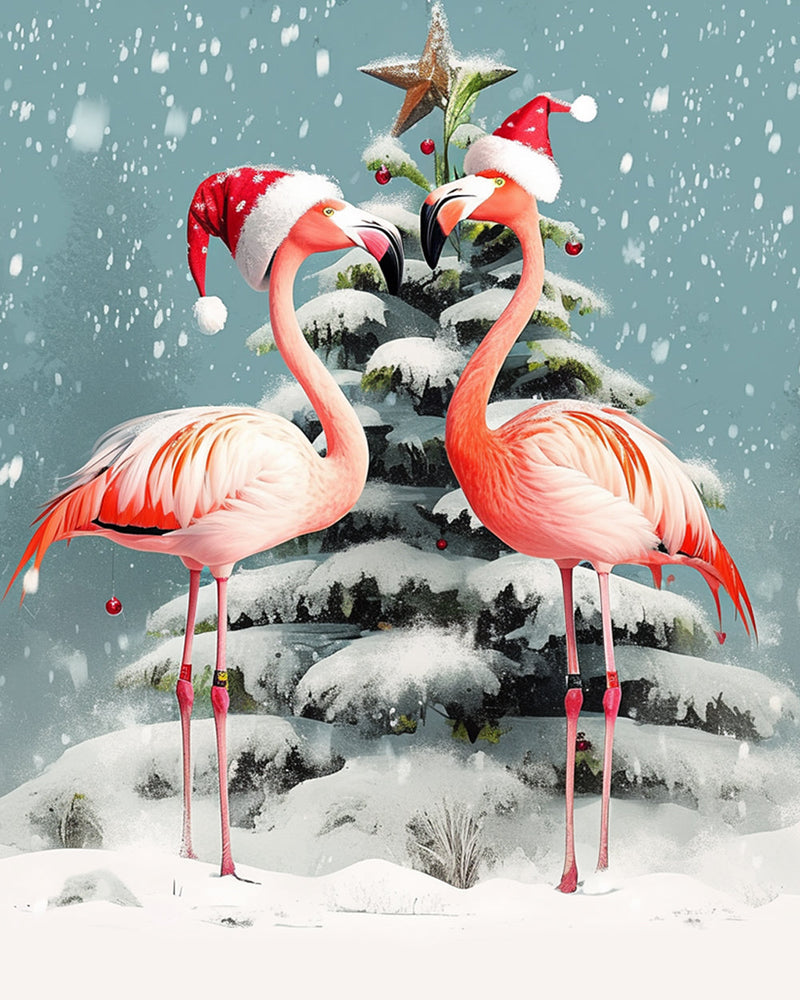 Flamingos und Weihnachtsbaum im Schnee Diamond Painting