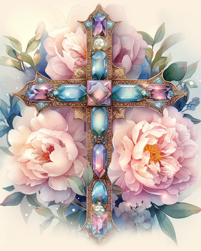 Kreuz und Rosa Blumen Diamond Painting