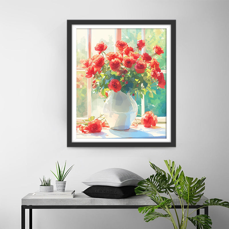 Rote Rosen in einer Weißen Porzellanvase Diamond Painting