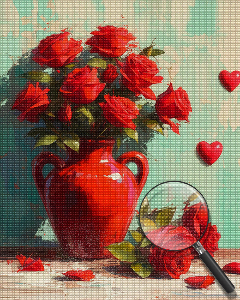 Rote Rosen in Roter Vase Diamond Painting