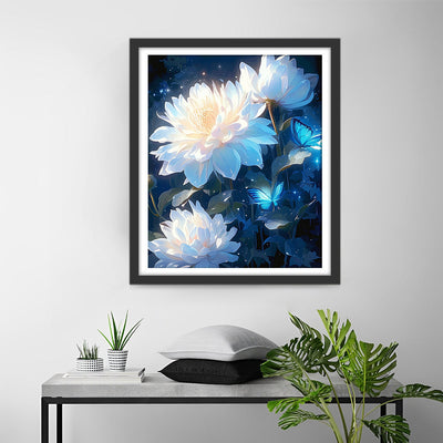 Weißer Lotus und Blaue Schmetterlinge Diamond Painting