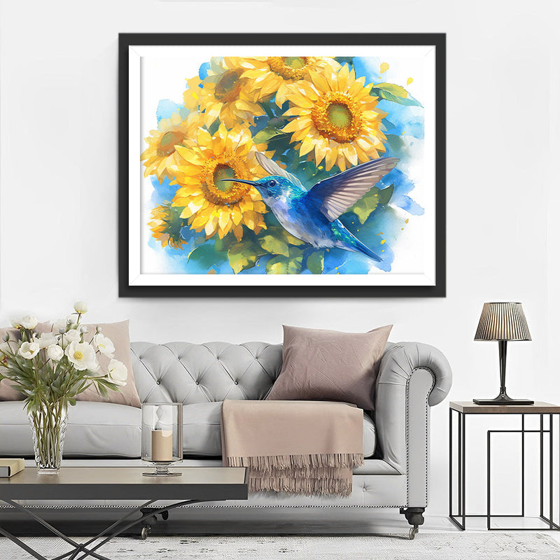 Blauer Kolibri und Sonnenblumen Diamond Painting