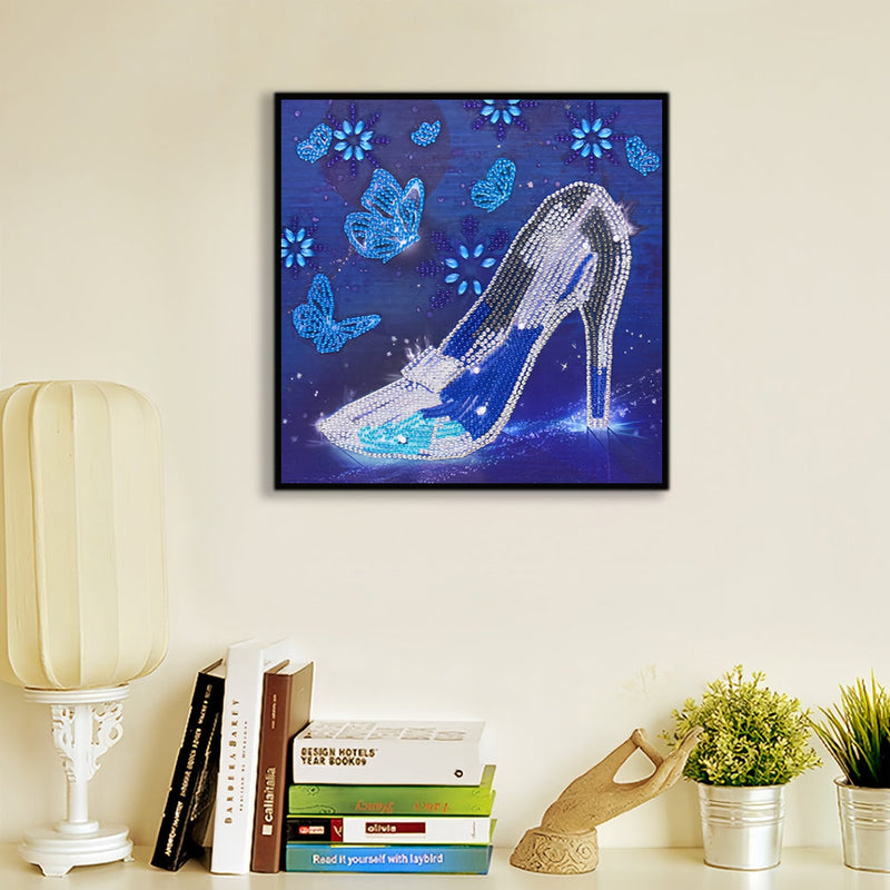 Blaue Schmetterling und Kristall Stöckelschuhe Sonderform Diamond Painting