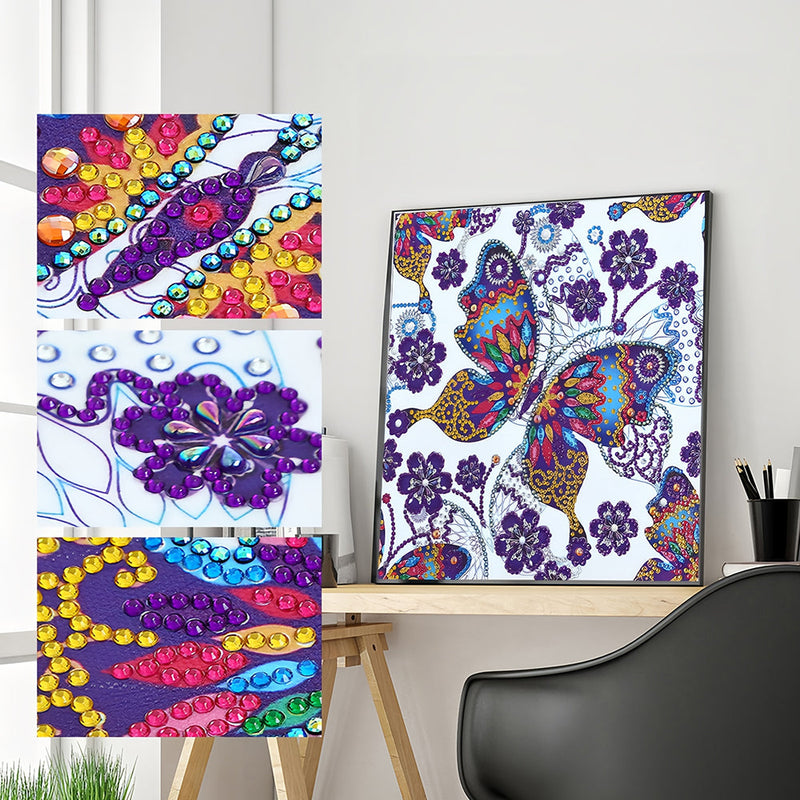 Schmetterling und Lila Blumen Sonderform Diamond Painting