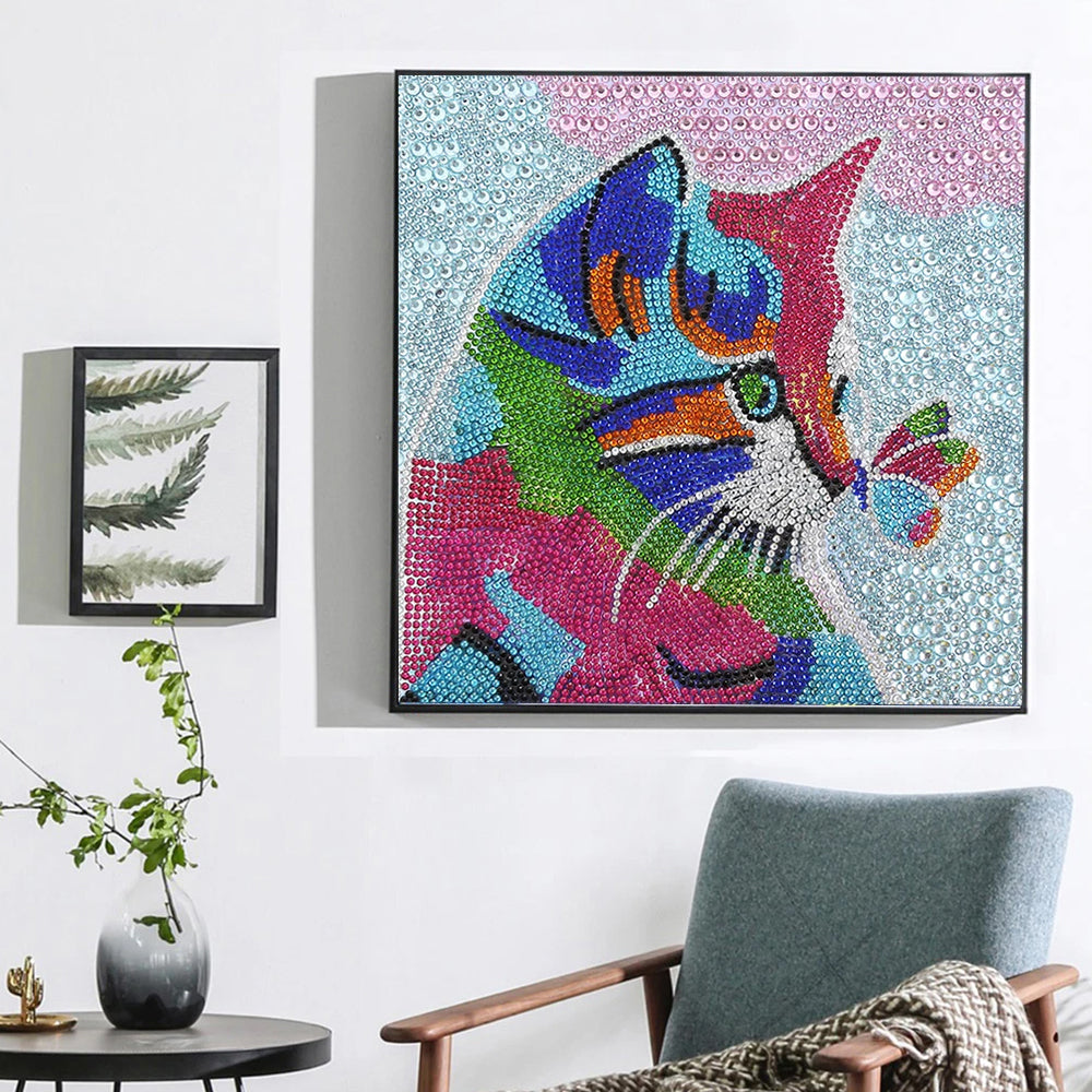 Bunte Katze und Schmetterling Sonderform Diamond Painting