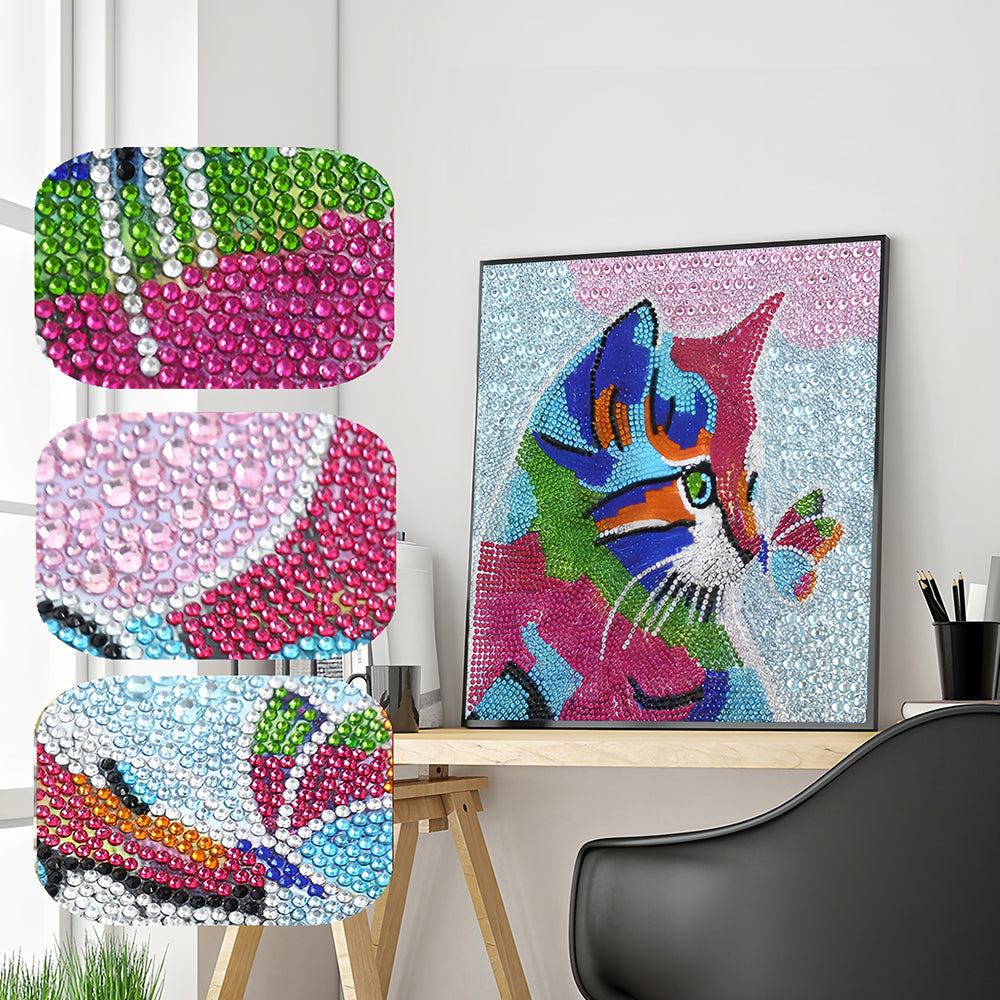 Bunte Katze und Schmetterling Sonderform Diamond Painting