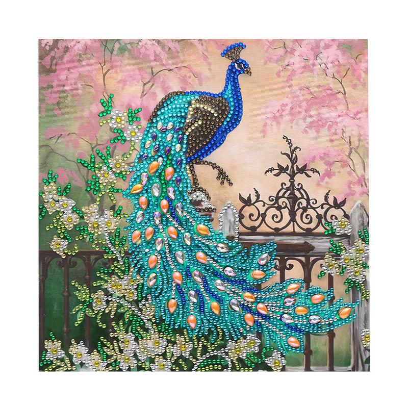 Grüner Pfau auf dem Zaun Sonderform Diamond Painting