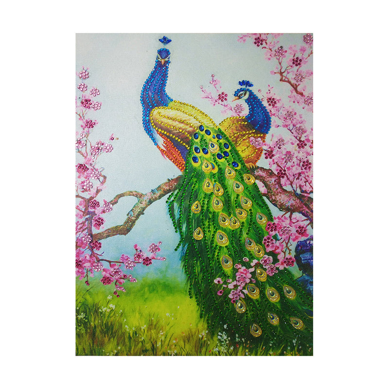 Grüner Pfau und rosa Blumenbaum Sonderform Diamond Painting