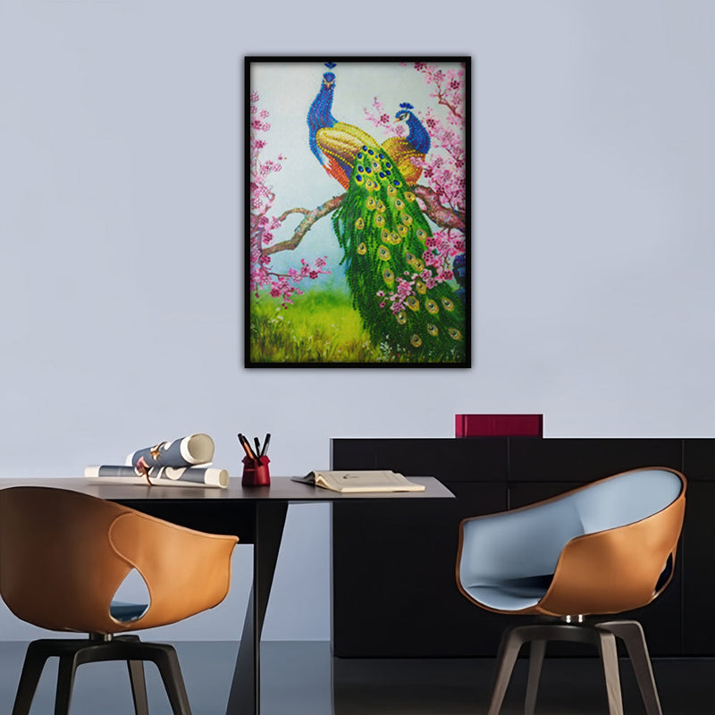 Grüner Pfau und rosa Blumenbaum Sonderform Diamond Painting