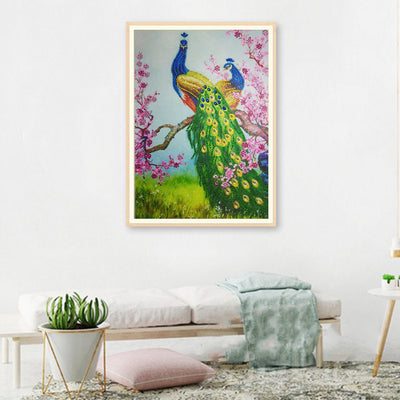 Grüner Pfau und rosa Blumenbaum Sonderform Diamond Painting