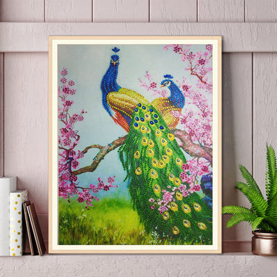 Grüner Pfau und rosa Blumenbaum Sonderform Diamond Painting