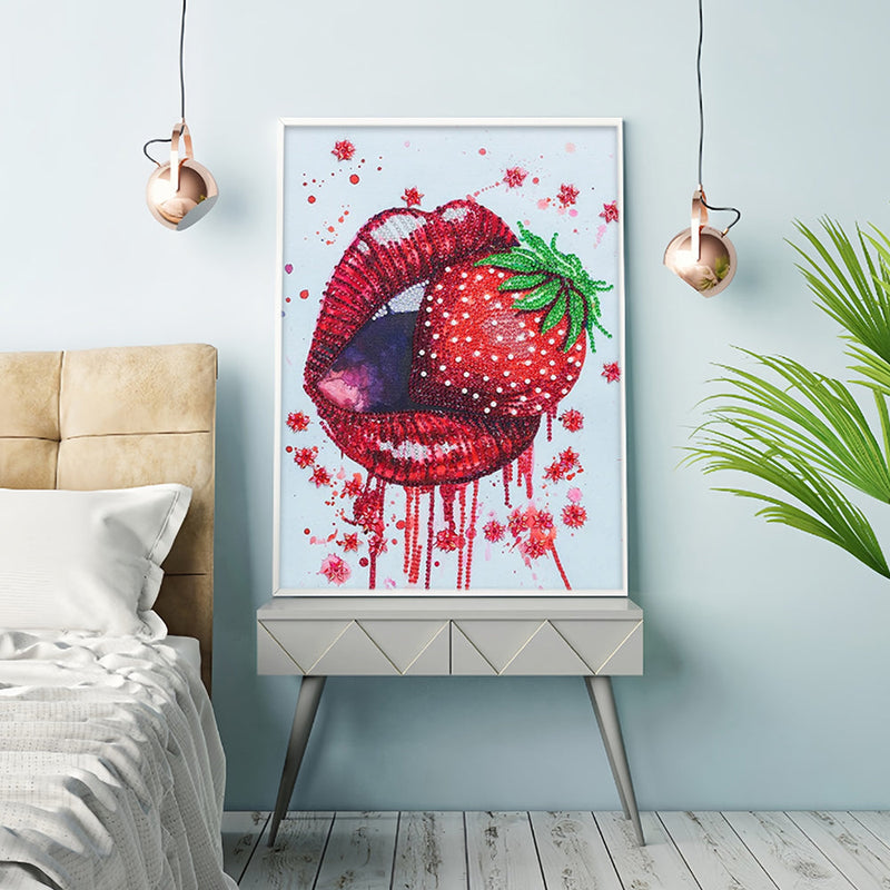 Rote Lippen Essen Erdbeere Sonderform Diamond Painting