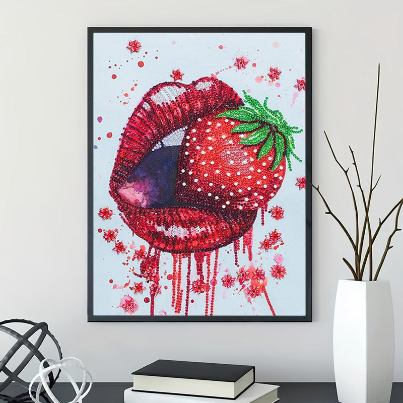 Rote Lippen Essen Erdbeere Sonderform Diamond Painting