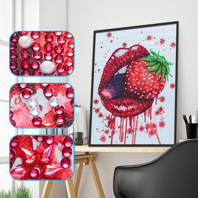 Rote Lippen Essen Erdbeere Sonderform Diamond Painting