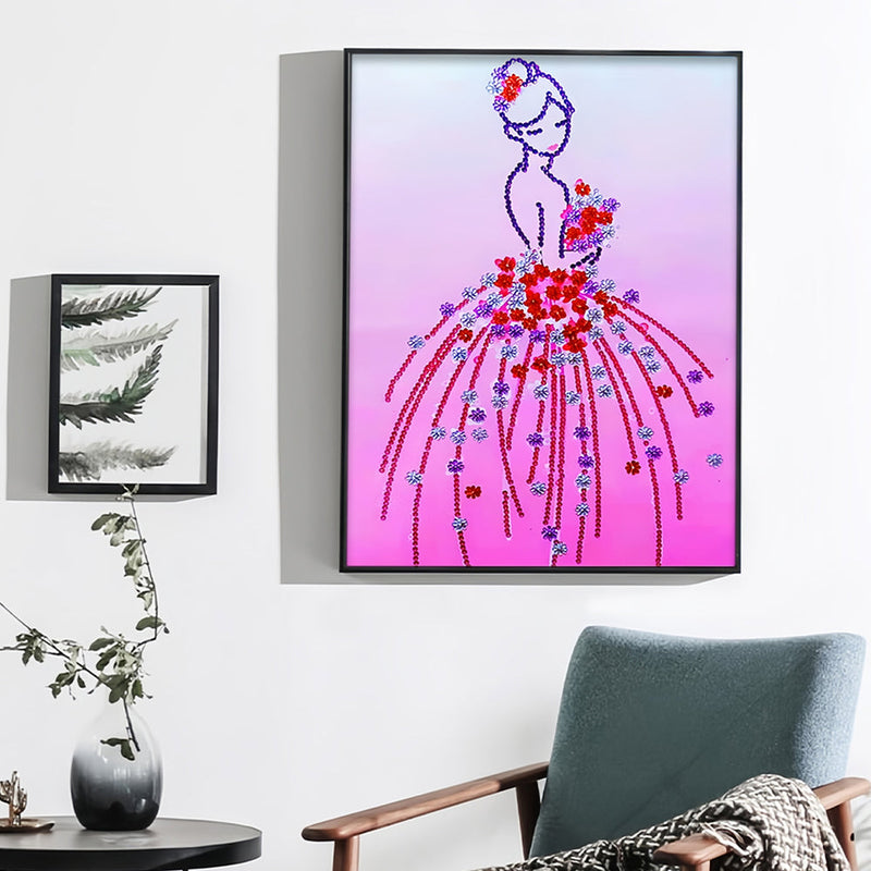 Frau Trägt Rosa Geblümtes Kleid Sonderform Diamond Painting