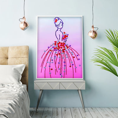 Frau Trägt Rosa Geblümtes Kleid Sonderform Diamond Painting