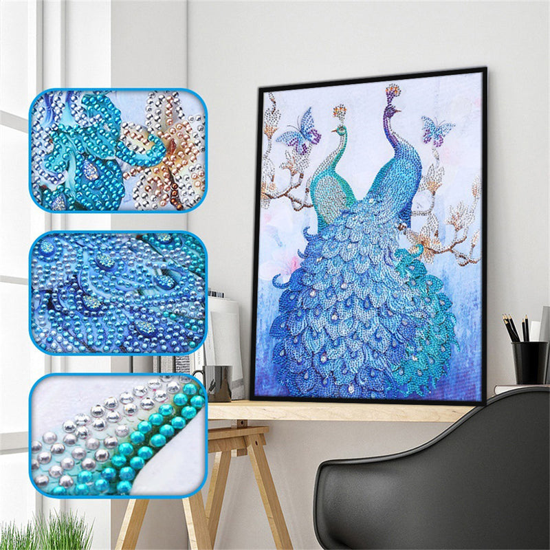 Grüner und Blauer Pfau Sonderform Diamond Painting