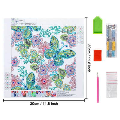 Grüner Schmetterling und Rosa Blumen Sonderform Diamond Painting