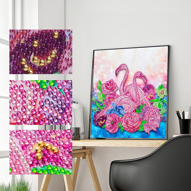 Rosa Flamingos und Blumen Sonderform Diamond Painting