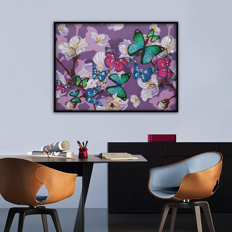 Bunte Schmetterlinge und Weiße Blumen Sonderform Diamond Painting