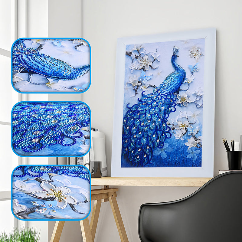 Blauer Pfau und Orchidee Sonderform Diamond Painting