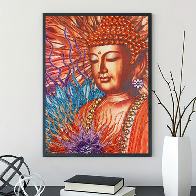 Orangefarbene Buddha Statue und Lotus Sonderform Diamond Painting