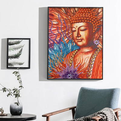 Orangefarbene Buddha Statue und Lotus Sonderform Diamond Painting