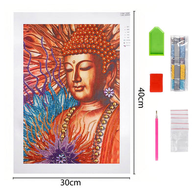 Orangefarbene Buddha Statue und Lotus Sonderform Diamond Painting